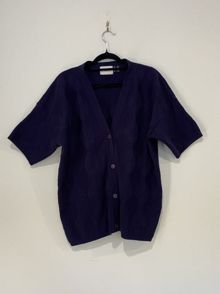 Vintage Review Knit Shirt/Cardigan – Size L, Navy, Diamond Pattern, Button-Up63616513971075111
