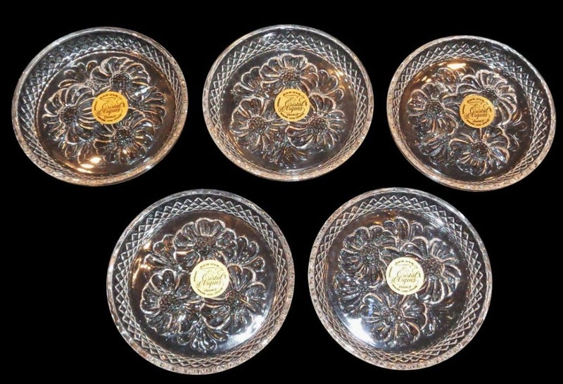 x5 Vintage Cristal d'Arques France Lead Crystal Coasters Embossed Floral Pattern Carousel 3