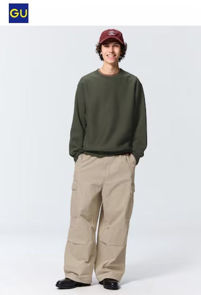 ***$1 Reserve GU (Uniqlo Sister Brand) Beige Denim Wide Cargo Pants - Sz L*** Carousel 13