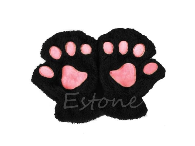 1 PC Winter Women Cute Cat Claw Paw Plush Mittens Short Fingerless Half Finger Carousel 1