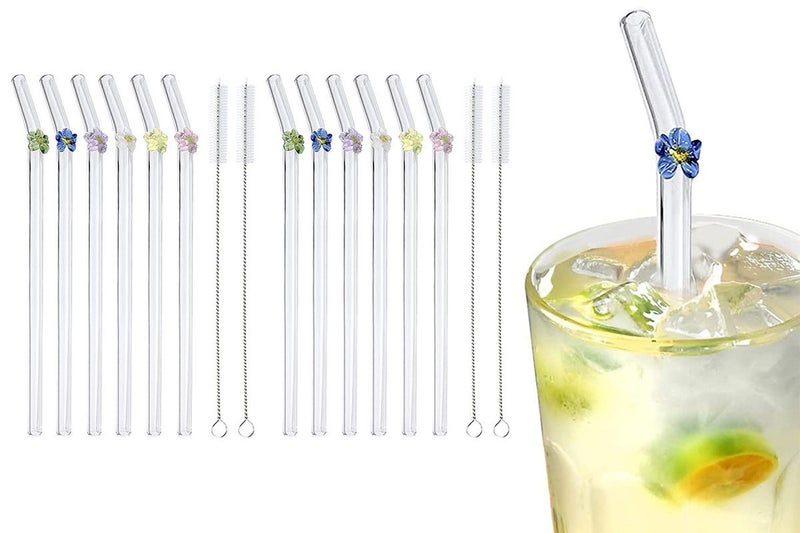 12Pcs Reusable Glass Straws Clear Colorful Flower Glass Straws With 4 Straw Clea Carousel 3