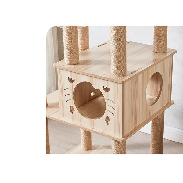 185cm Modern Multi-Level Large Real Solid Wood Cat Tree, Luxury Wooden Cat Tower Carousel 4