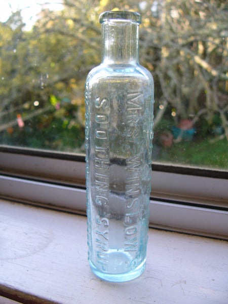 1890s Mrs Winslow’s Soothing Syrup aqua bottle #2 Carousel 10