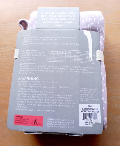 Bilbi Organic Cotton 2.5 Tog Baby Sleep Bag / AS NEW62854322076163112