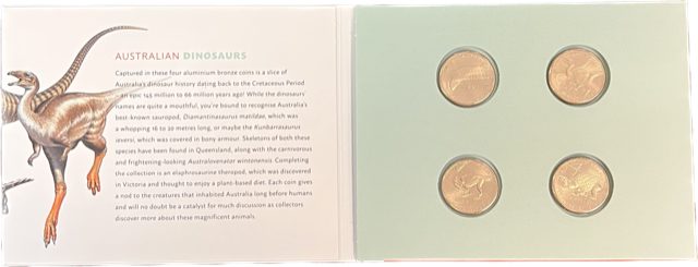 AUSTRALIA 2022 DINOSAURS (4 x $1 coins) COIN SET IN FOLDER UNC Carousel 1