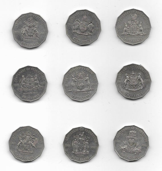Australia 2001 set of 9 Federation 50 Cent coins EF Carousel 1