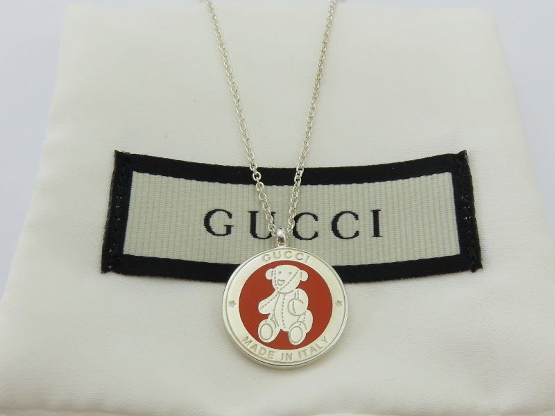 Gucci Sterling Silver Teddy Bear Round Tag Pendant Necklace Carousel 1