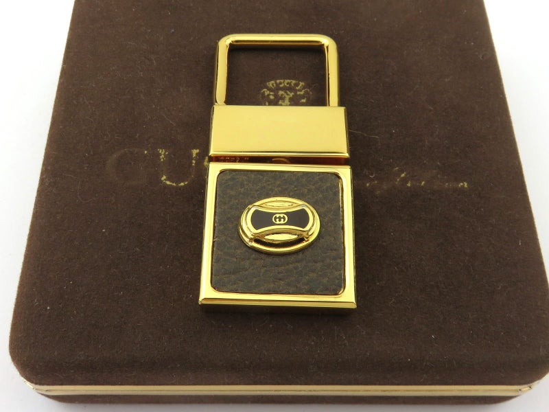 Gucci Gold Tone Metal Dark Brown Leather Keyring Carousel 1
