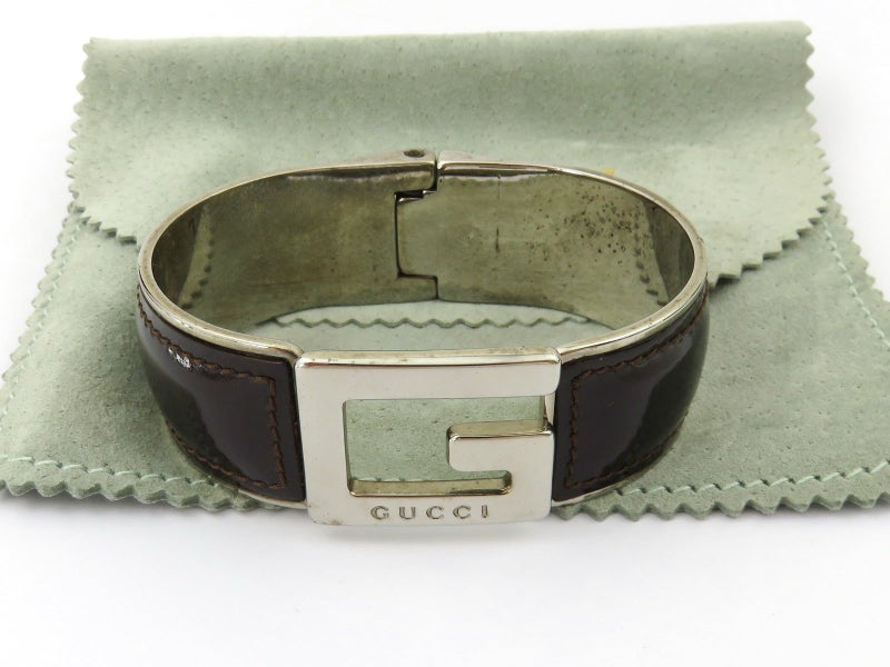 GUCCI Dark Brown Leather Silver Tone Metal G Logo Bangle Bracelet Carousel 1