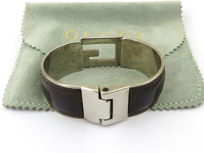 GUCCI Dark Brown Leather Silver Tone Metal G Logo Bangle Bracelet Carousel 2