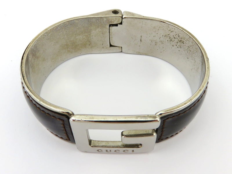 GUCCI Dark Brown Leather Silver Tone Metal G Logo Bangle Bracelet Carousel 4