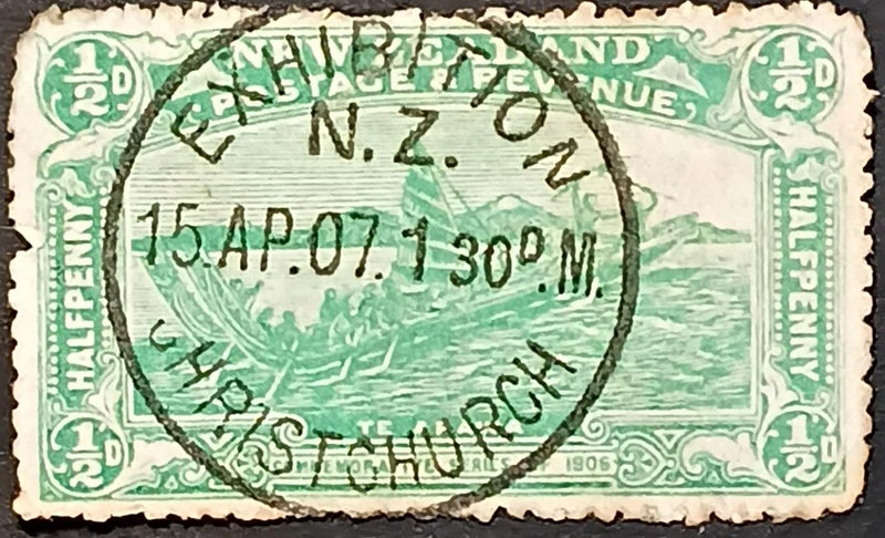 "$1 RESERVE! NICE DATE CANCEL 1/2d CANOE 1906 CHCH EXHIBITION *CV $60"!!! Carousel 1
