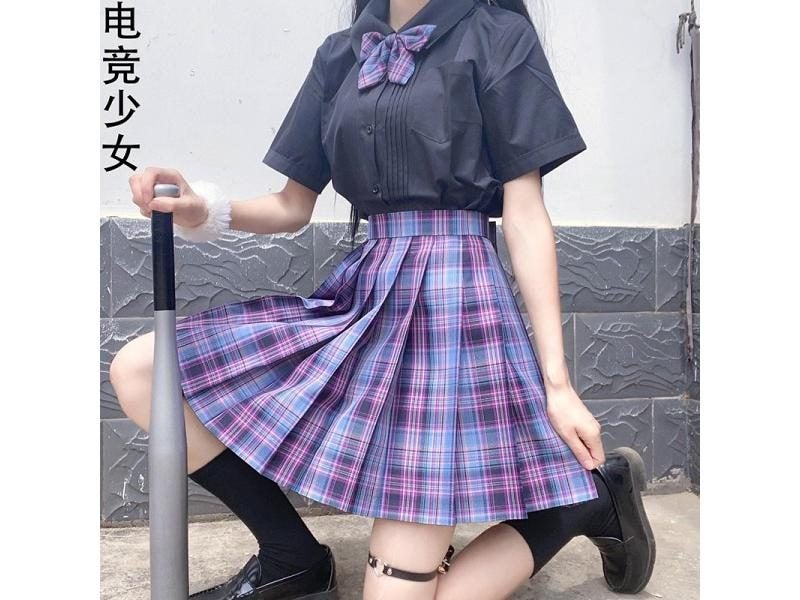 Korean Purple Plaid Skirts Women Purple Black Pleated Plaid Skirt