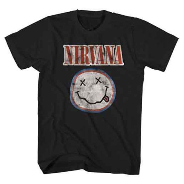Nirvana T Shirt Distressed Band Logo Smile Nevermind new Official Mens Black Carousel 1