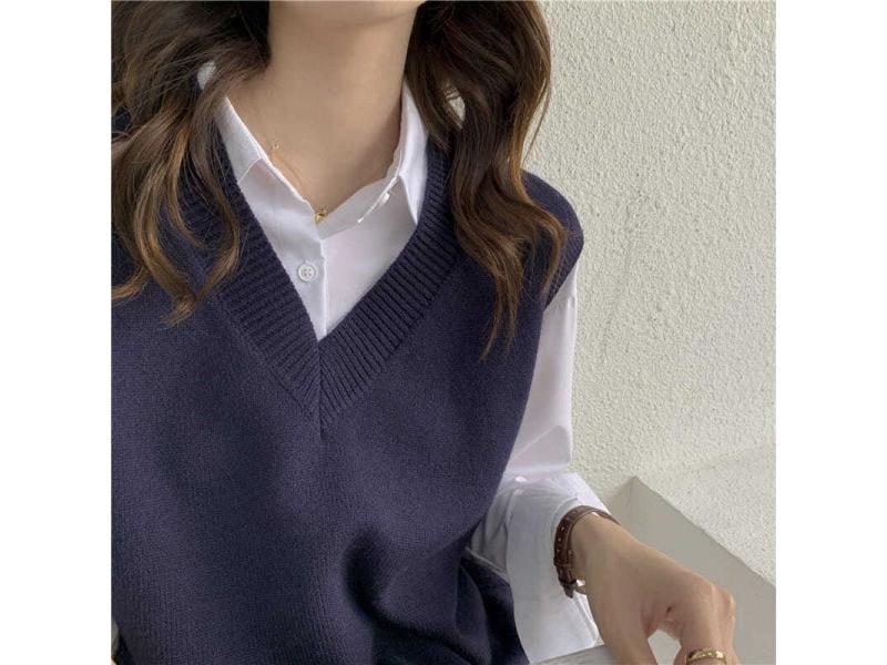 Sweater Vest Women V-neck Solid Simple Slim All-match Casual Korean Style Teens Carousel 1