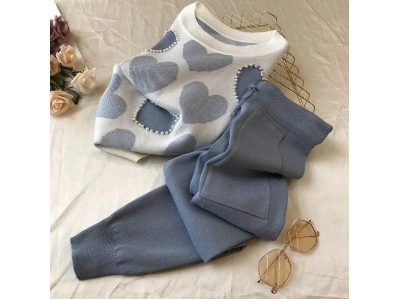 Korean Love Printed Knit 2 Piece Set Women Short Sleeve Beading Knitwear Tee Carousel 1