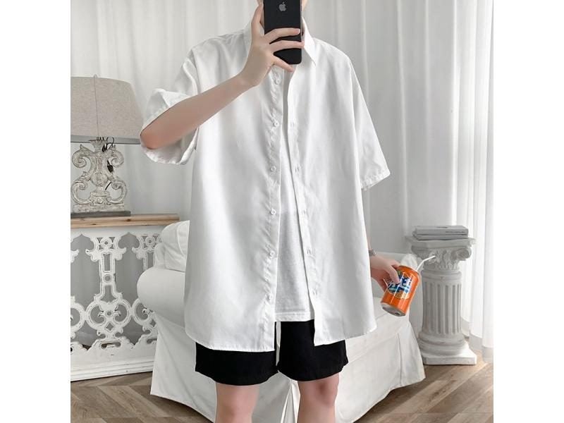 Streetwear Shirt Men Solid Cotton Plus Size Short Sleeve Shirts Loose Summer Carousel 1