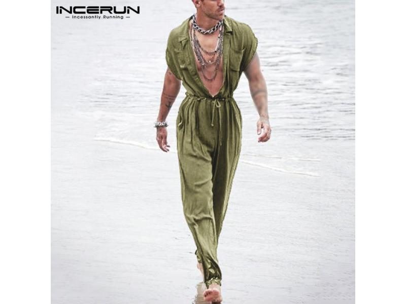 INCERUN Summer Men Casual Jumpsuits Solid Shortsleeve Streetwear Thin Rompers Carousel 2