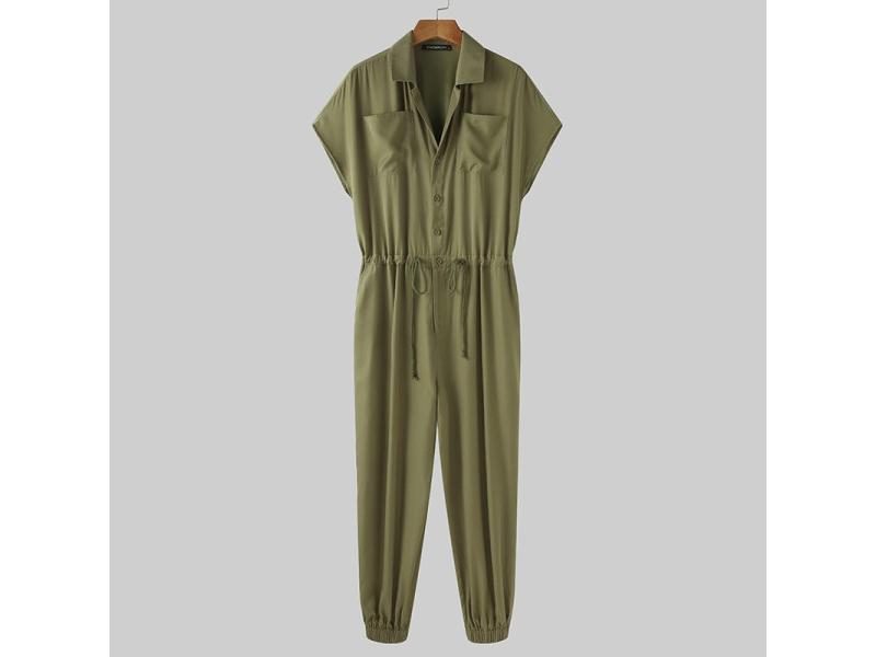 INCERUN Summer Men Casual Jumpsuits Solid Shortsleeve Streetwear Thin Rompers Carousel 1