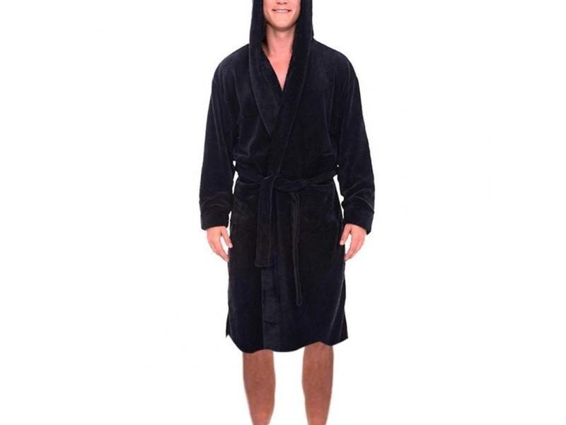 Long Sleeve Pocket Belt Solid Color Men Bathrobe Winter Warm Hooded Long Fleece Carousel 1
