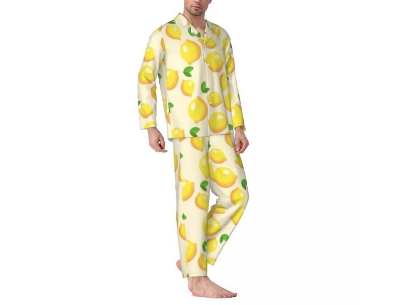 Pajamas Men Cute Lemon Print Night Nightwear Fruit 2 Pieces Casual Loose Pajama Carousel 1