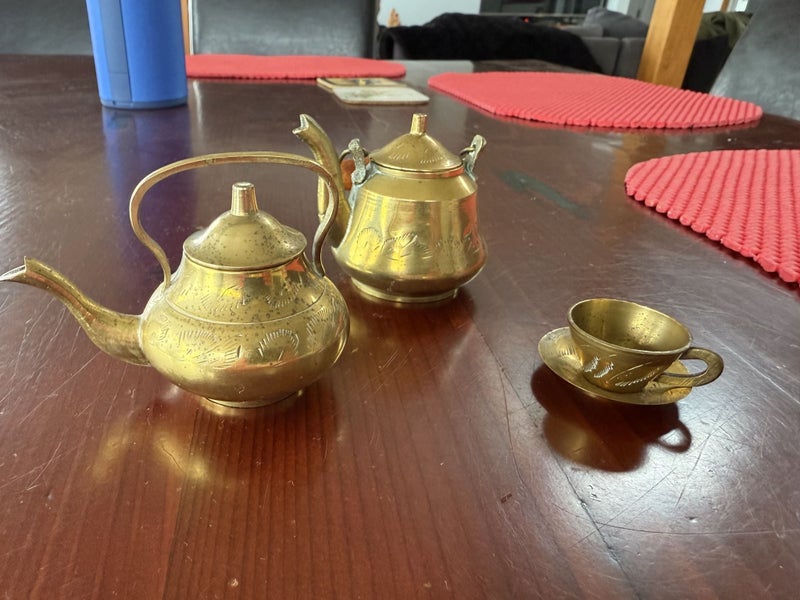 Brass Miniature Kettles & Cup & Saucer Carousel 1