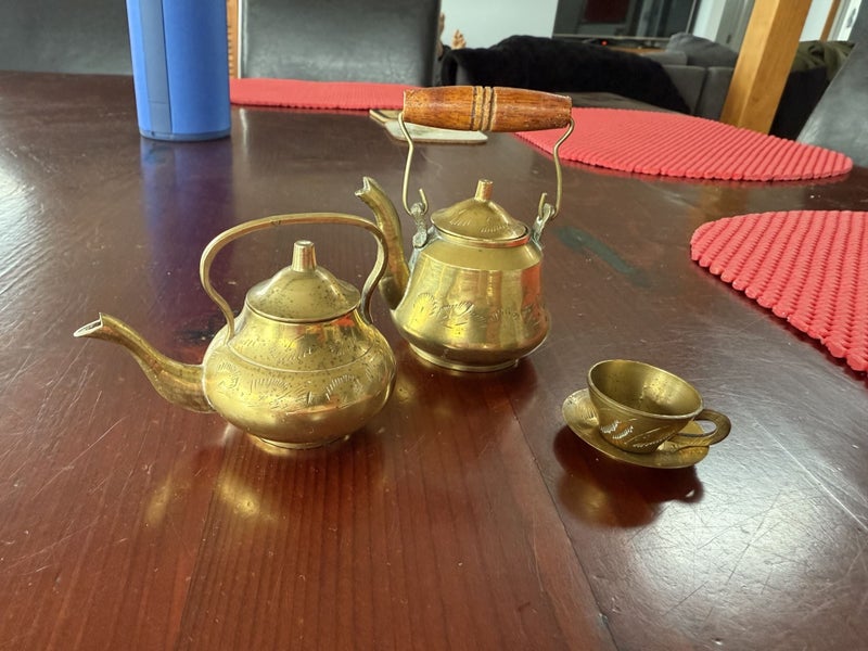 Brass Miniature Kettles & Cup & Saucer Carousel 2