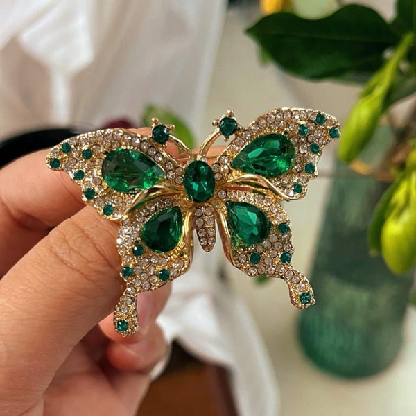 Gold-Tone Emerald Green Butterfly Brooch – Glamorous Statement Pin Carousel 1