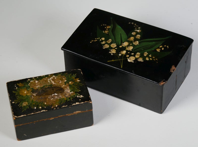 Two Georgian / Early Victorian Period Heavy Lacquered & Hand Painted Boxes Carousel 1