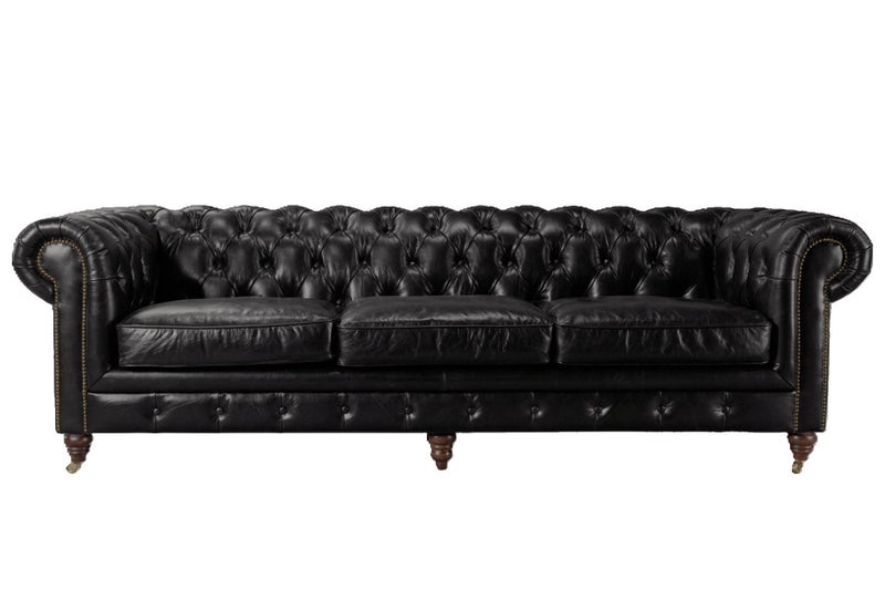 Aged Top Grain Leather Chesterfield 3 Seater Sofa, Black Carousel 1