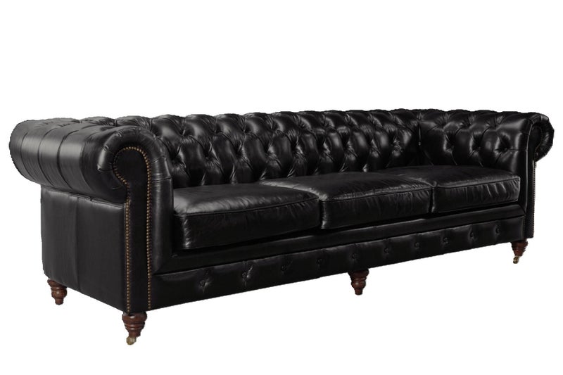 Aged Top Grain Leather Chesterfield 3 Seater Sofa, Black Carousel 2