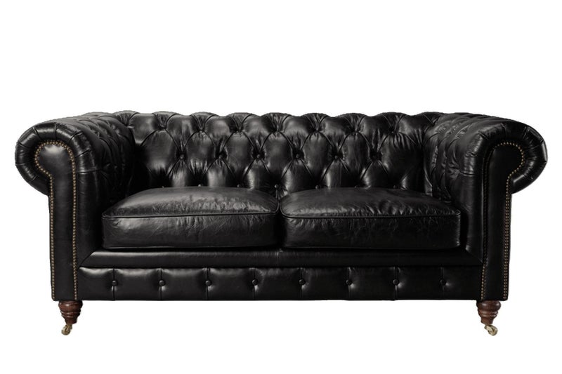 Aged Top Grain Leather Chesterfield 2-Seater Sofa, A102L Black Carousel 1