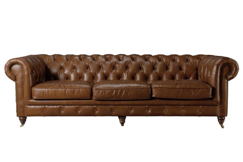Aged Top Grain Leather Chesterfield 3 Seater Sofa, Brown Carousel 1