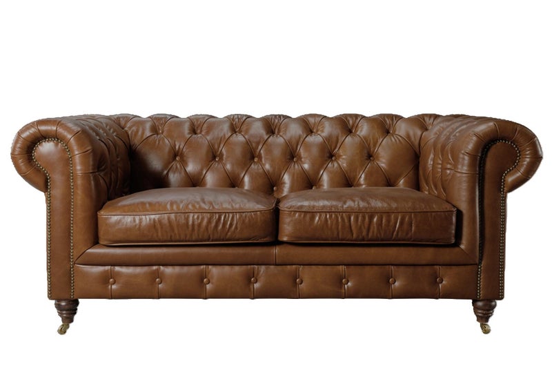 Aged Top Grain Leather Chesterfield 2-Seater Sofa, Brown Carousel 1