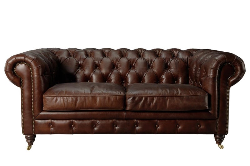 Aged Top Grain Leather Chesterfield 2-Seater Sofa, Dark Brown Carousel 1