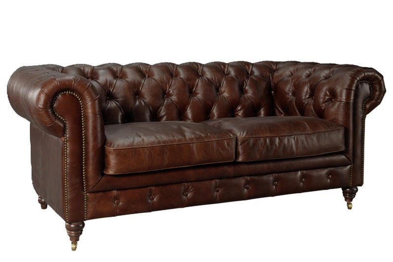 Aged Top Grain Leather Chesterfield 2-Seater Sofa, Dark Brown Carousel 2
