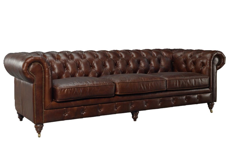 Aged Top Grain Leather Chesterfield 3 Seater Sofa, Dark Brown Carousel 2