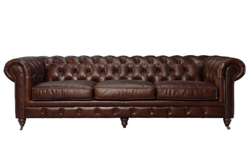 Aged Top Grain Leather Chesterfield 3 Seater Sofa, Dark Brown Carousel 1