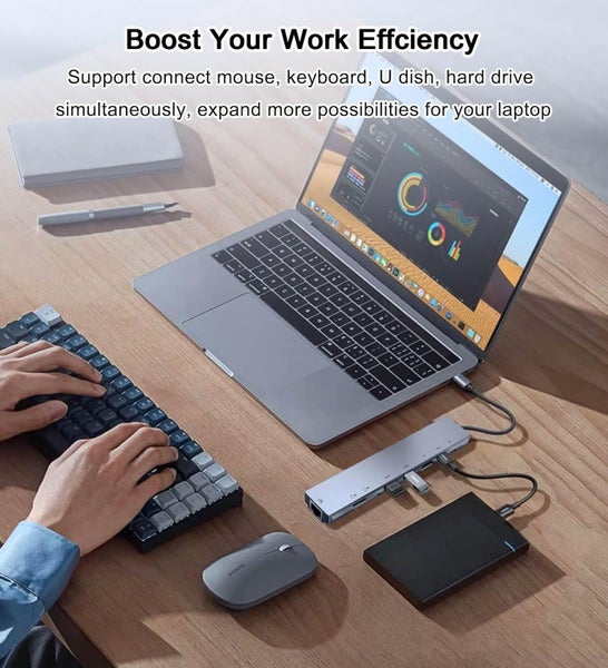 8-in-1 USB-C Hub, USB 3.0, SD/TF card reader, docking functionality. Carousel 2