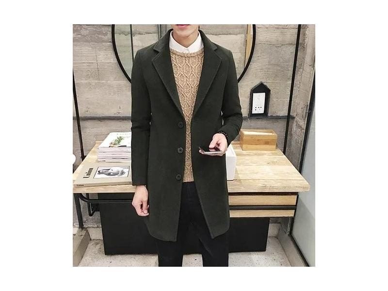 Men Long Cotton Coat Autumn Winter New Wool Blend Pure Color Casual Business Carousel 1