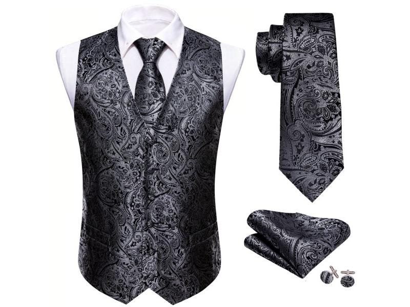Barry.Wang Silk Men Vest Jacquard Green Blue Red Gold Pink Waistcoat Tie Hanky Carousel 1