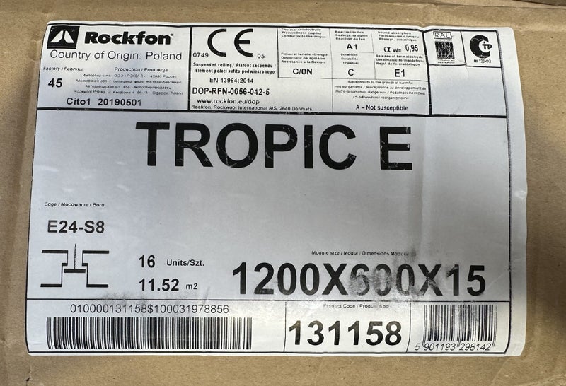 Rockfon Tropic E24 Mineral Wool Ceiling Plates (15x600x1200) - $1 Res (Rack 13) Carousel 2