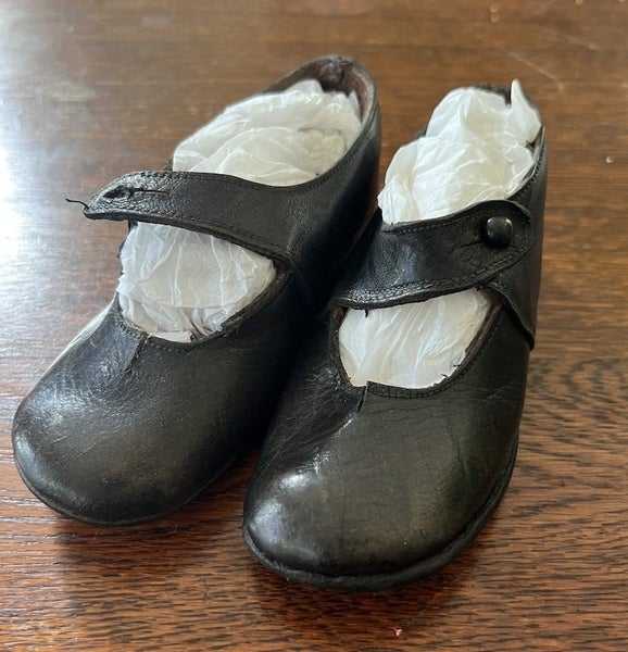 Pair Victorian period child's black leather hob-nail shoes with buttoned strap Carousel 2