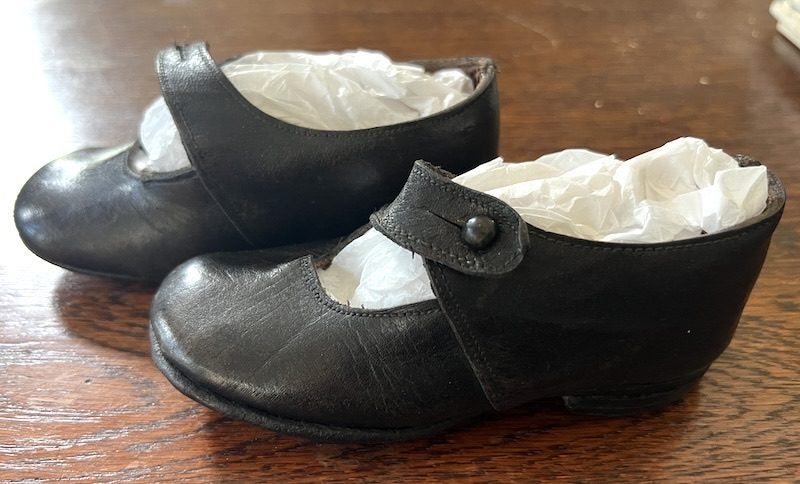 Pair Victorian period child's black leather hob-nail shoes with buttoned strap Carousel 1