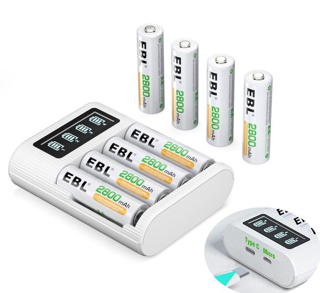 8Pcs EBL 2800mAh AA Rechargeable Batteries + 4-Bay 2A USB AA AAA Battery Charger Carousel 1