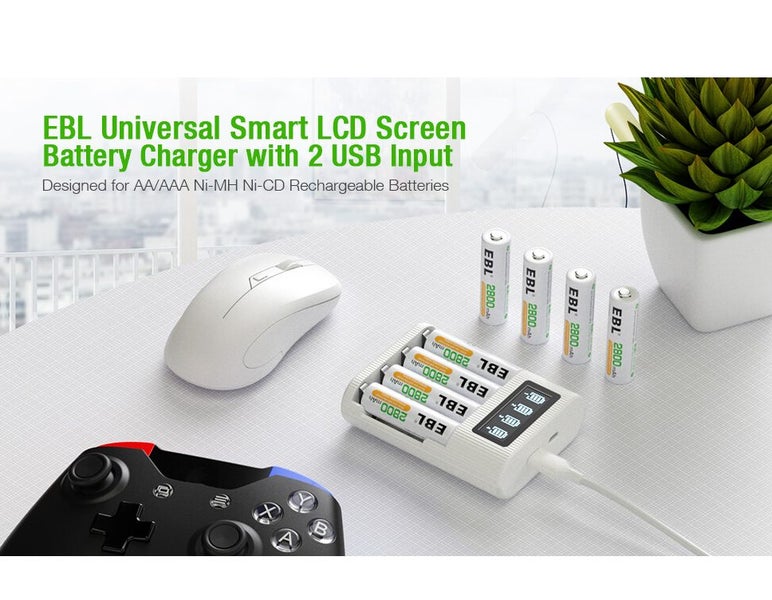 8Pcs EBL 2800mAh AA Rechargeable Batteries + 4-Bay 2A USB AA AAA Battery Charger Carousel 2