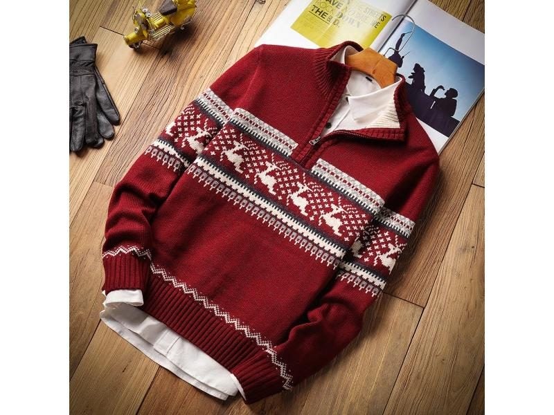 Men Autumn New Casual Jacquard Warm Half Zip Christmas Sweater Cardigan Jacket Carousel 1