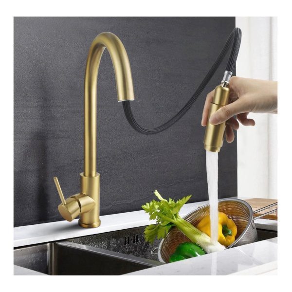 Brushed Gold Pull Out Tap Kitchen Sink Mixer Tap Gooseneck Carousel 5