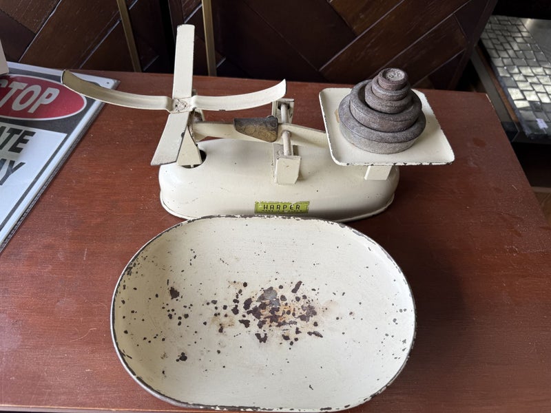 Antique Enamel Cream balance scales with weight Carousel 6