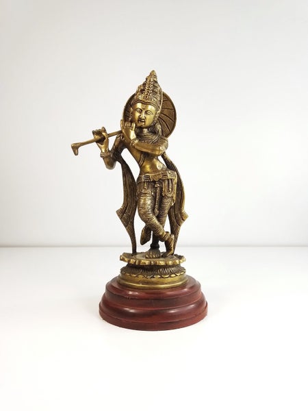 Brass Krishna Hindu Sculpture on Wooden Base 30cm - $1 Reserve Charity Auction! Carousel 1